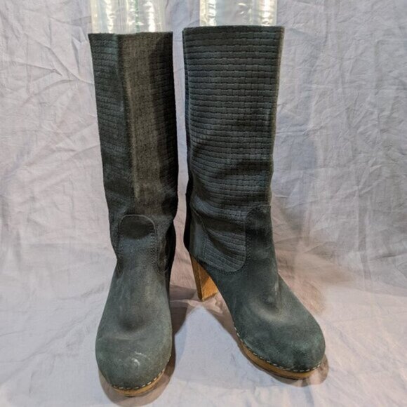 Sanita Black Suede Pattern Mid Calf Wooden Clog Heel Boots Women Size 37 - Picture 1 of 11